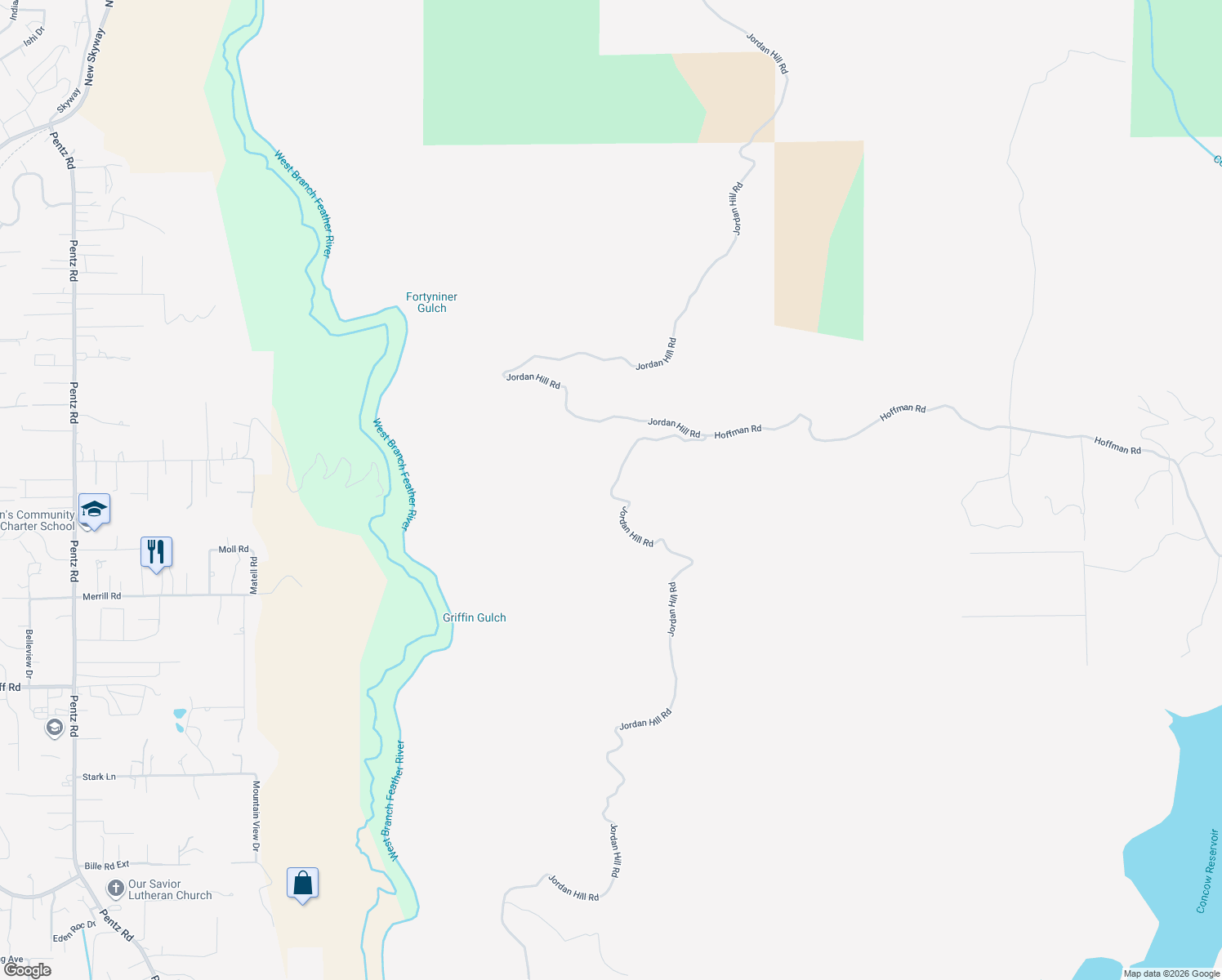 map of restaurants, bars, coffee shops, grocery stores, and more near Jordan Hill Road in Paradise