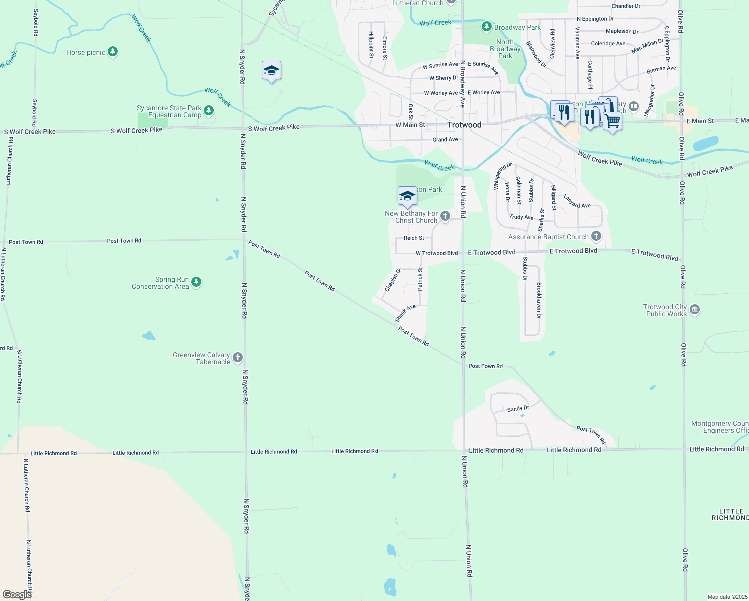 map of restaurants, bars, coffee shops, grocery stores, and more near 332 Skinner Drive in Trotwood