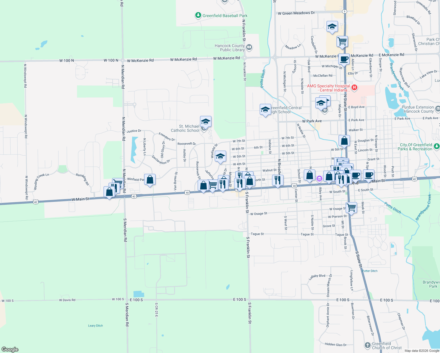 map of restaurants, bars, coffee shops, grocery stores, and more near 114 Garfield Drive in Greenfield