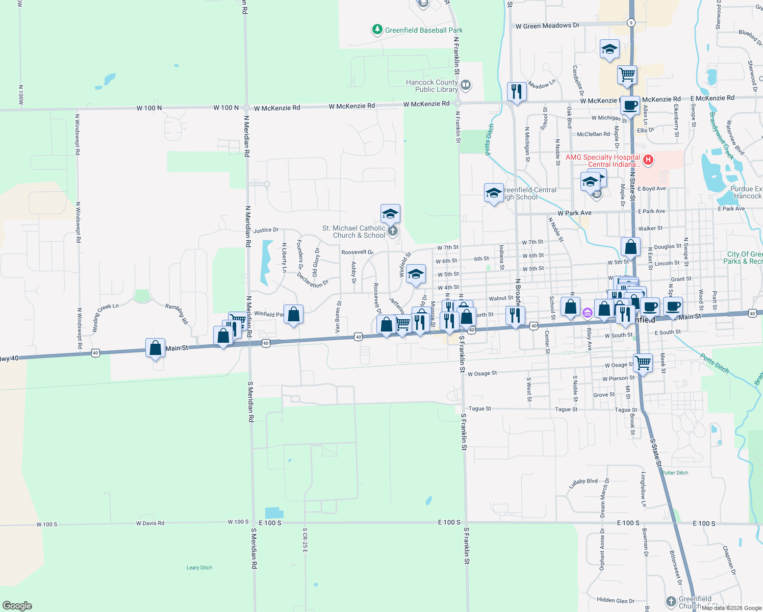 map of restaurants, bars, coffee shops, grocery stores, and more near 205 Roosevelt Dr in Greenfield