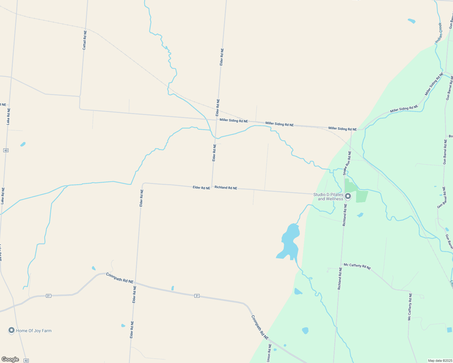 map of restaurants, bars, coffee shops, grocery stores, and more near 6102 Richland Rd NE in Rushville