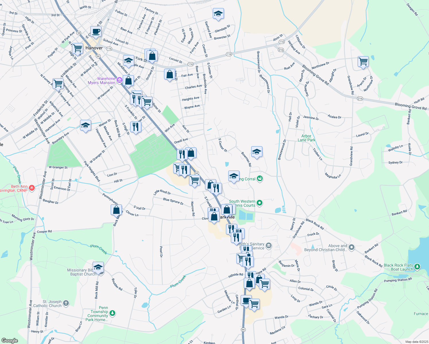 map of restaurants, bars, coffee shops, grocery stores, and more near 1615 Baer Avenue in Hanover