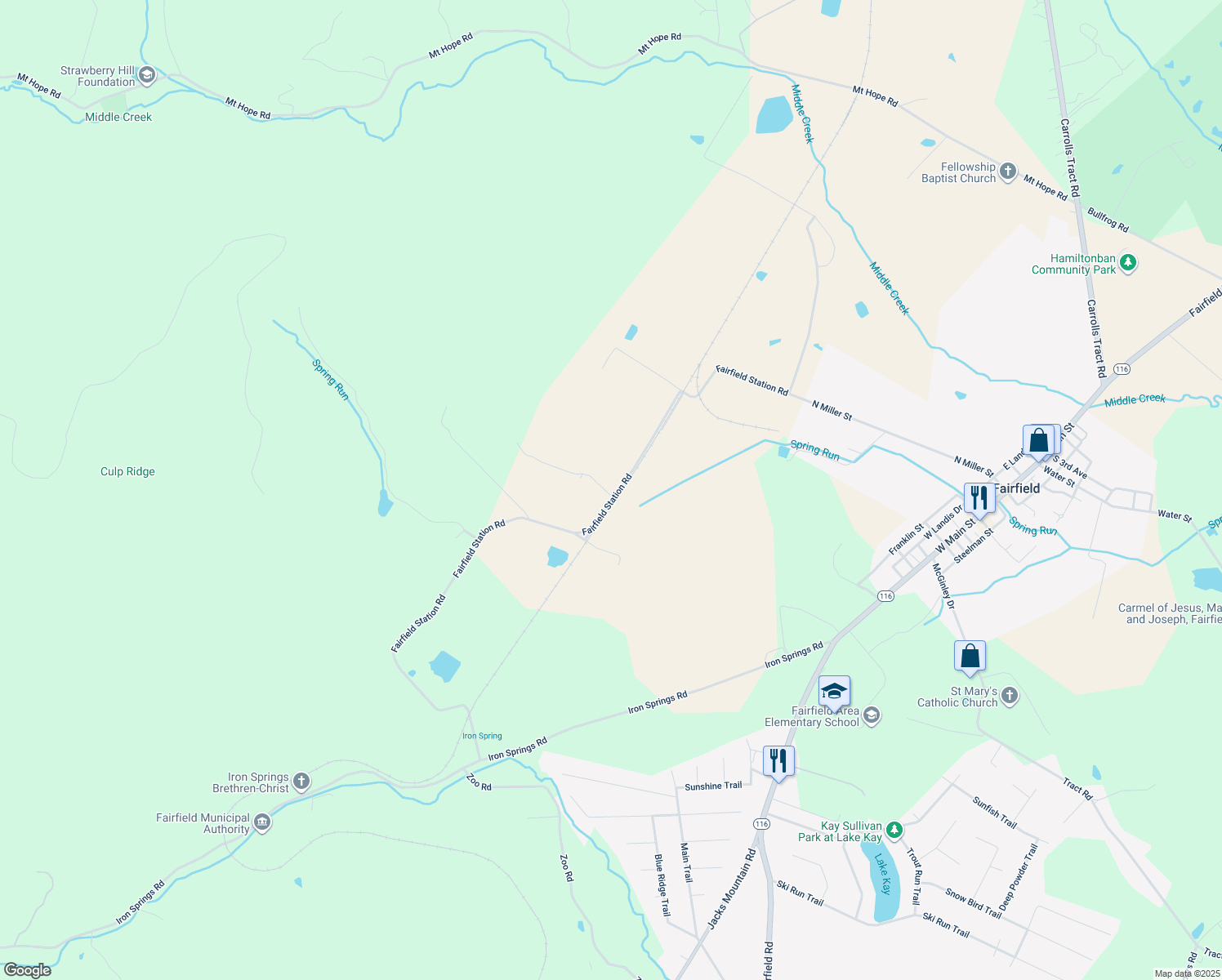 map of restaurants, bars, coffee shops, grocery stores, and more near 605 Fairfield Station Road in Fairfield