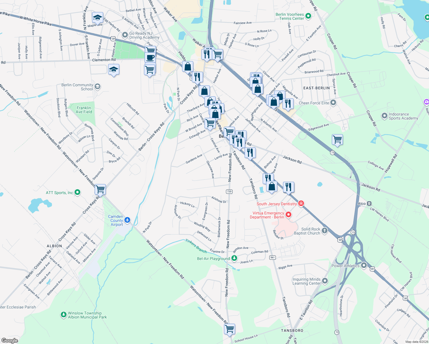 map of restaurants, bars, coffee shops, grocery stores, and more near 19 Glenview Avenue in Berlin