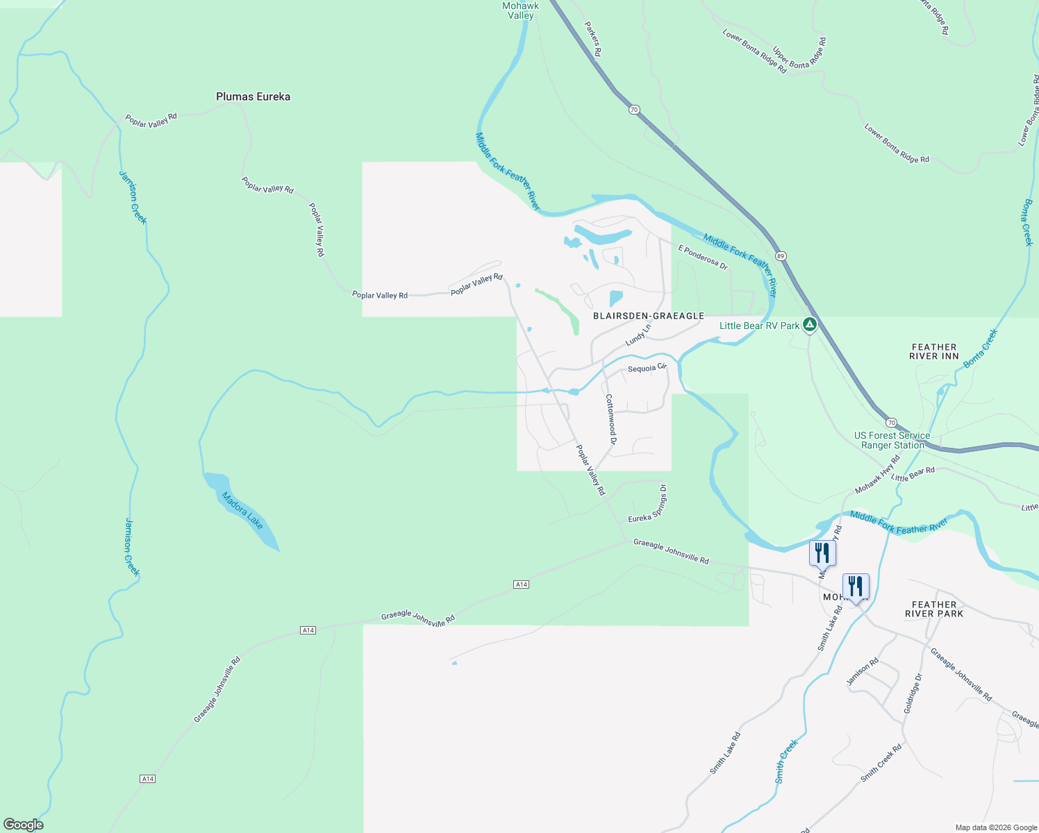 map of restaurants, bars, coffee shops, grocery stores, and more near 27 Evergreen Circle in Blairsden