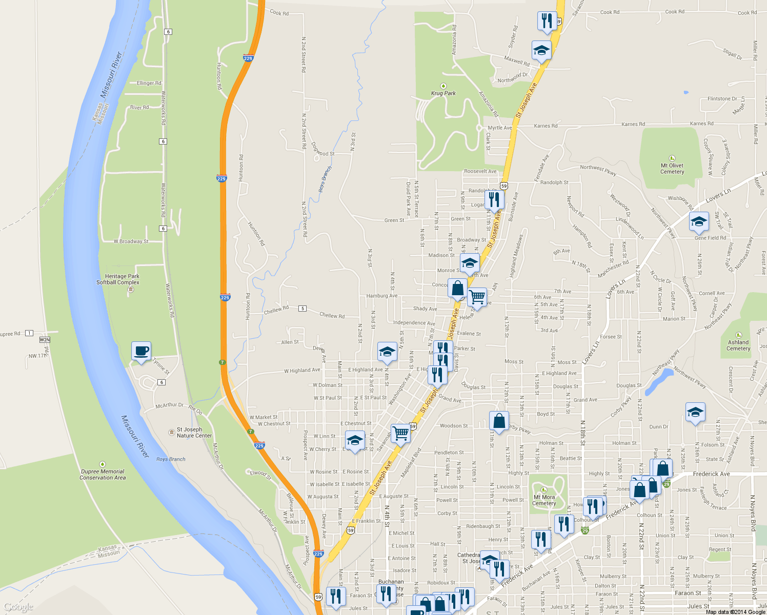 map of restaurants, bars, coffee shops, grocery stores, and more near 2516 North 4th Street in St. Joseph