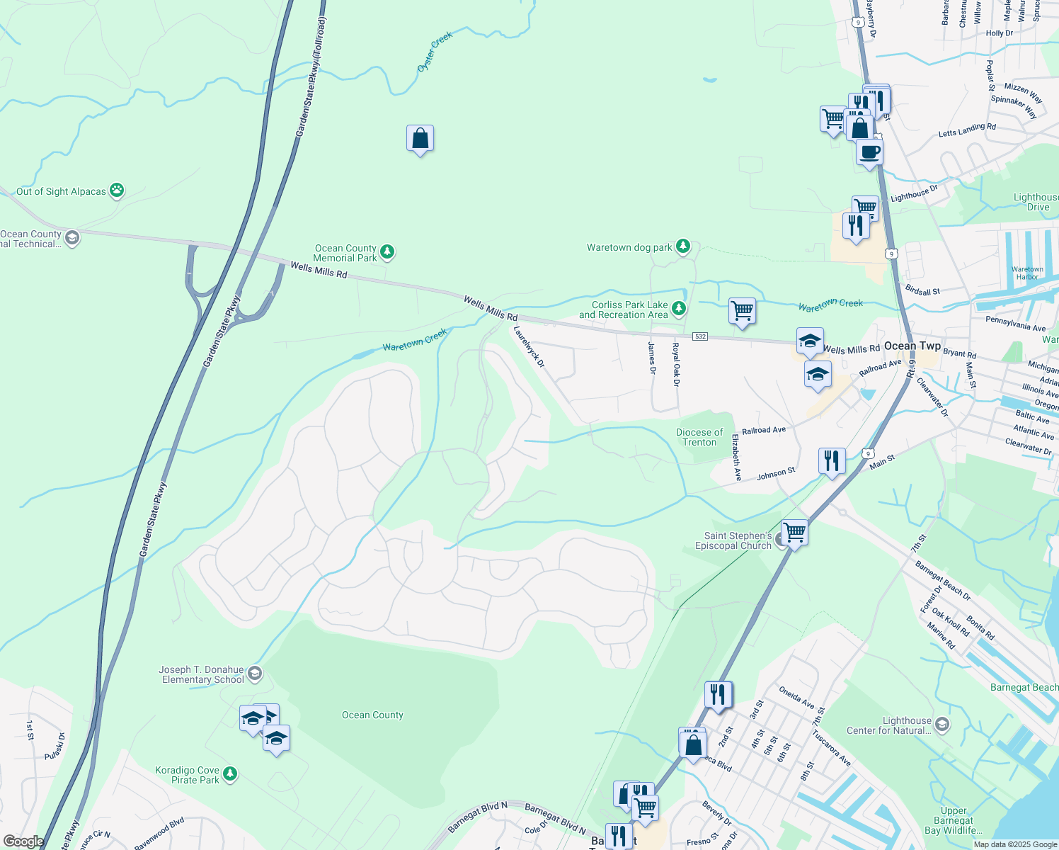 map of restaurants, bars, coffee shops, grocery stores, and more near 51 Belmar Boulevard in Ocean Township