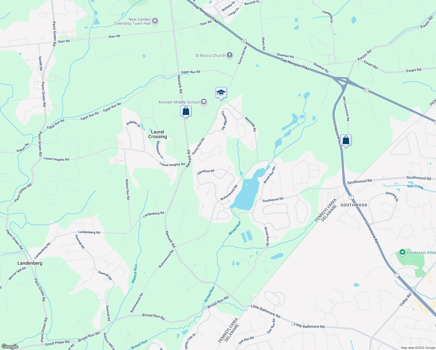 map of restaurants, bars, coffee shops, grocery stores, and more near 3 Langton Hill Road in Landenberg