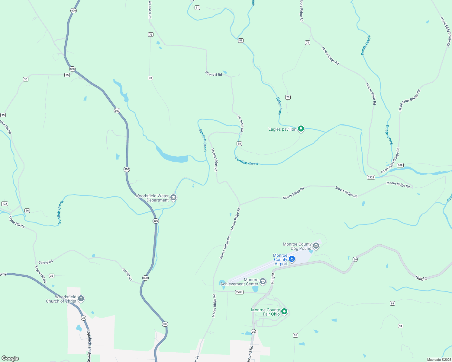 map of restaurants, bars, coffee shops, grocery stores, and more near 47802 Moore Ridge Road in Jerusalem