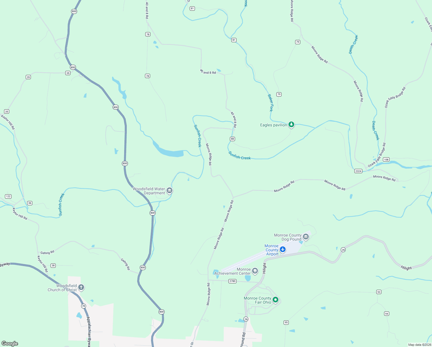 map of restaurants, bars, coffee shops, grocery stores, and more near 47802 Moore Ridge Road in Jerusalem