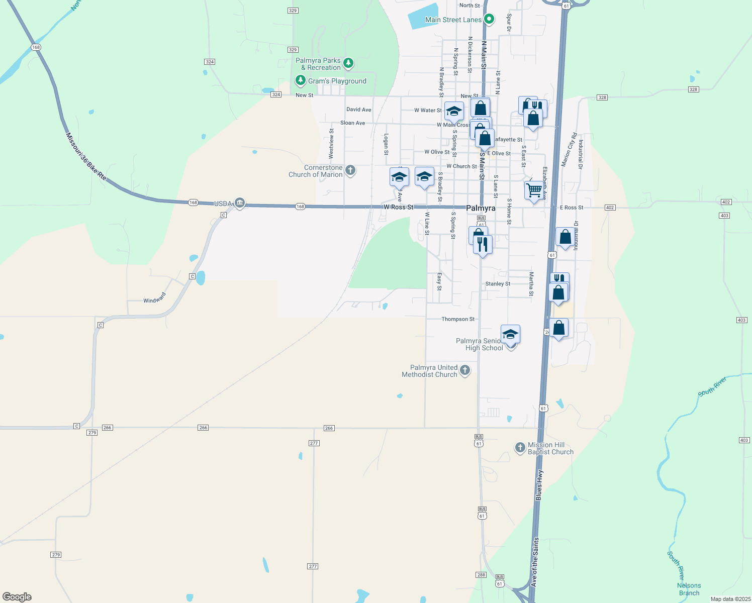 map of restaurants, bars, coffee shops, grocery stores, and more near Jackson Trail in Palmyra