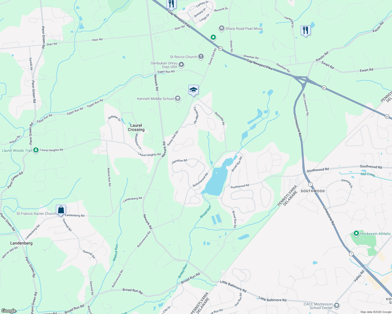 map of restaurants, bars, coffee shops, grocery stores, and more near 3 Kings Court in Landenberg