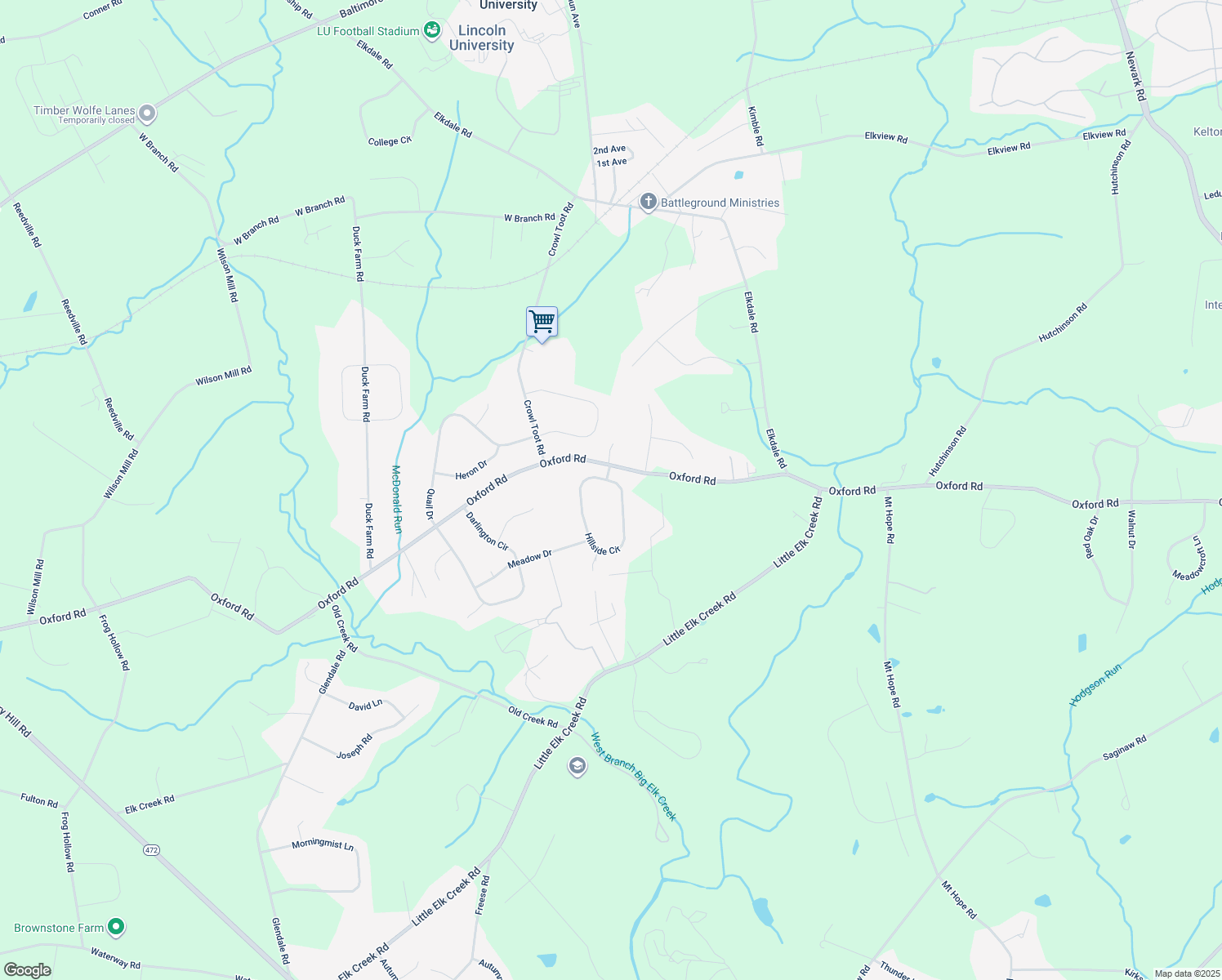 map of restaurants, bars, coffee shops, grocery stores, and more near 215 Hillside Circle in Lincoln University