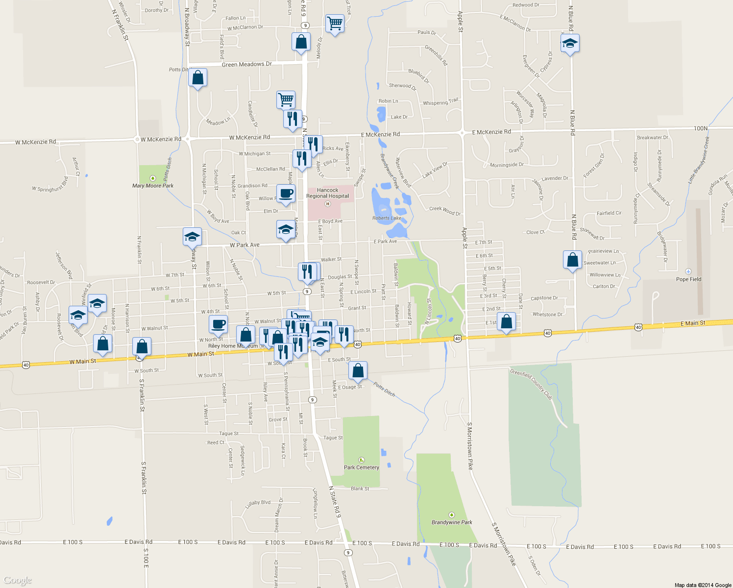 map of restaurants, bars, coffee shops, grocery stores, and more near 330 Wood Street in Greenfield