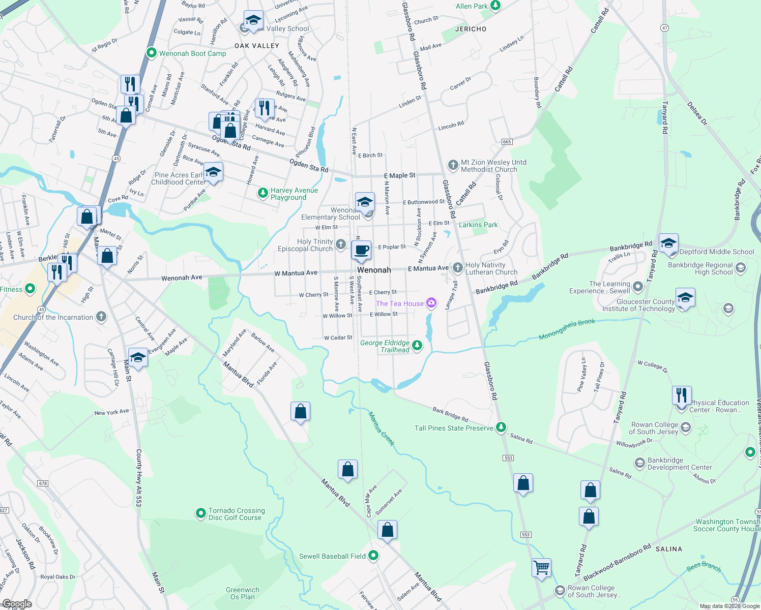 map of restaurants, bars, coffee shops, grocery stores, and more near 107 S Clinton Ave in Wenonah