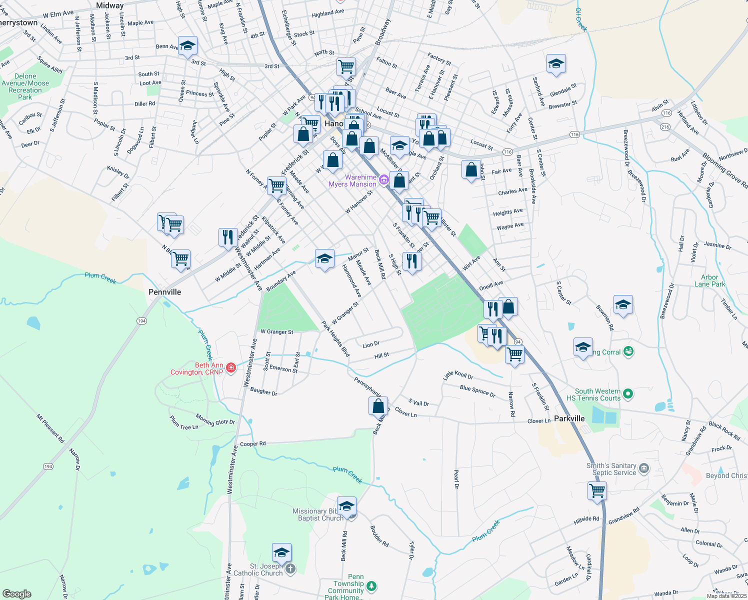 map of restaurants, bars, coffee shops, grocery stores, and more near 607 Meade Ave in Hanover