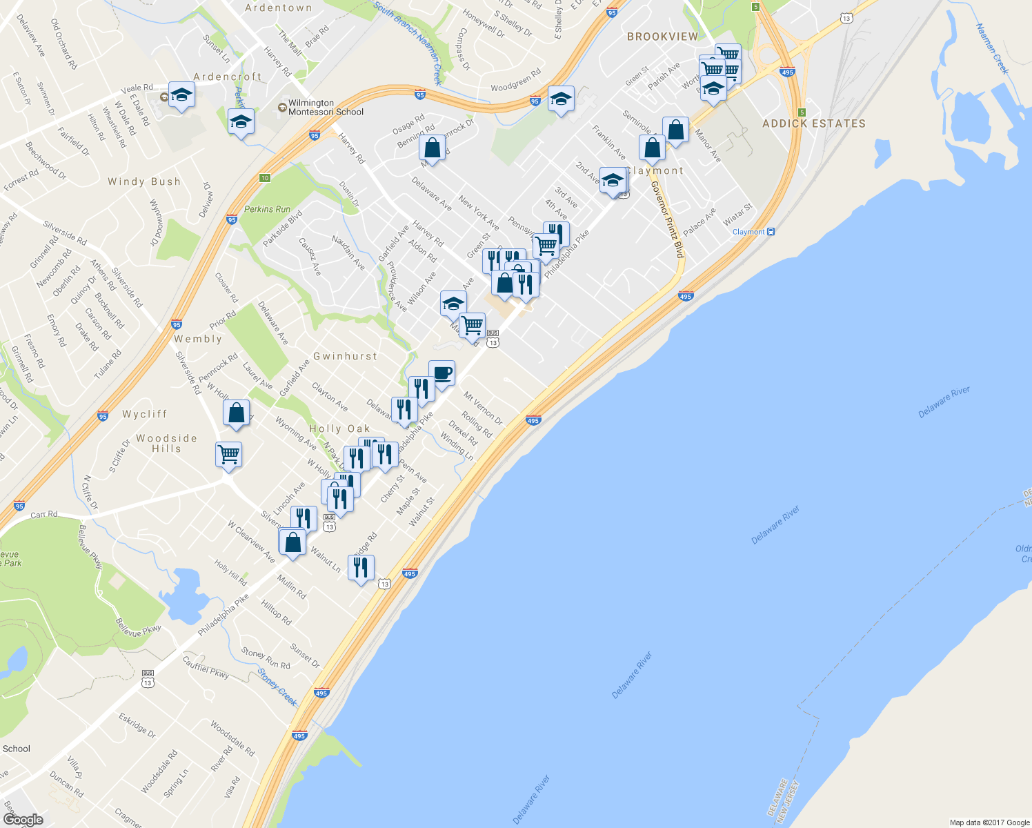 map of restaurants, bars, coffee shops, grocery stores, and more near 7509 Governor Printz Boulevard in Claymont