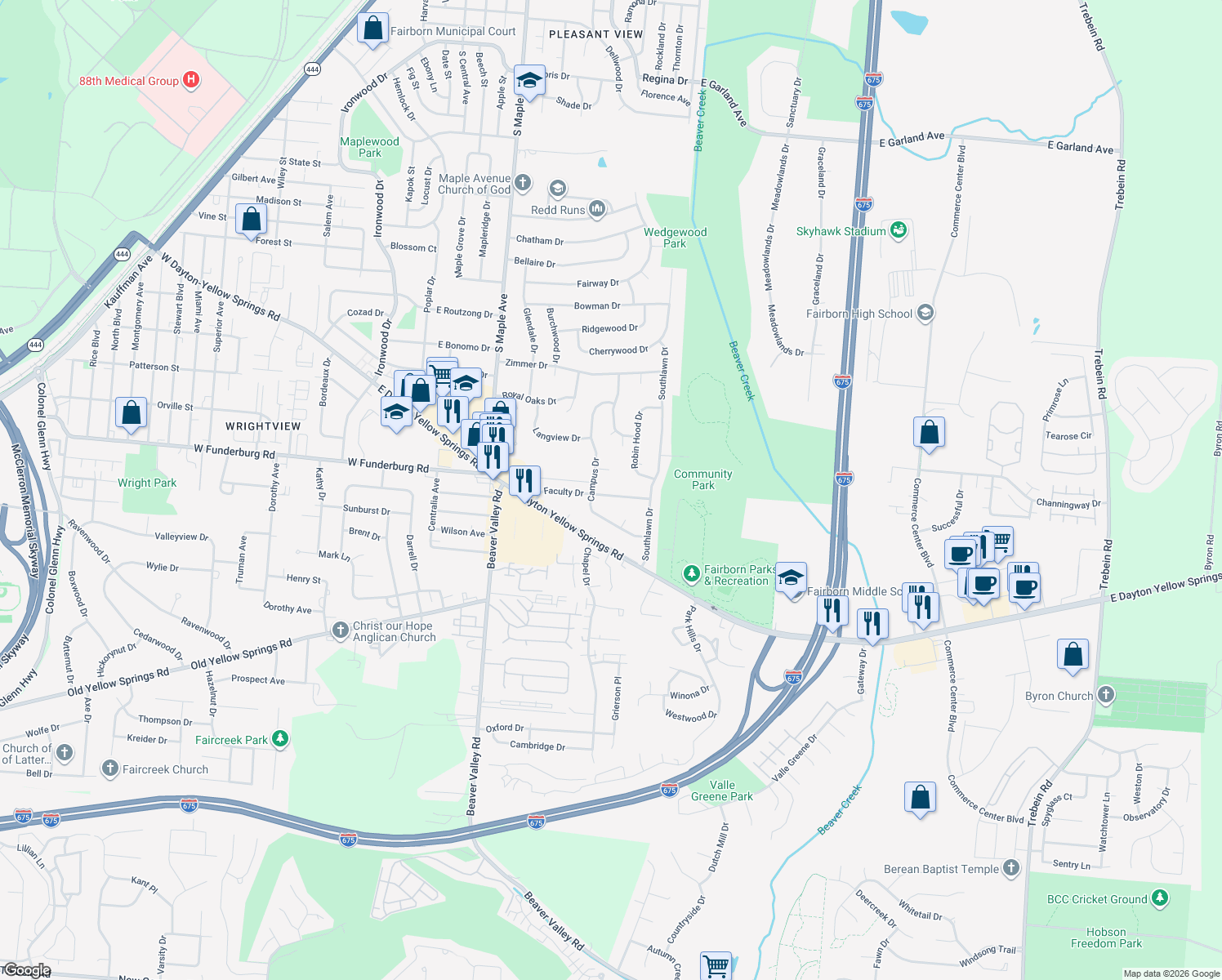 map of restaurants, bars, coffee shops, grocery stores, and more near 427 Faculty Drive in Fairborn