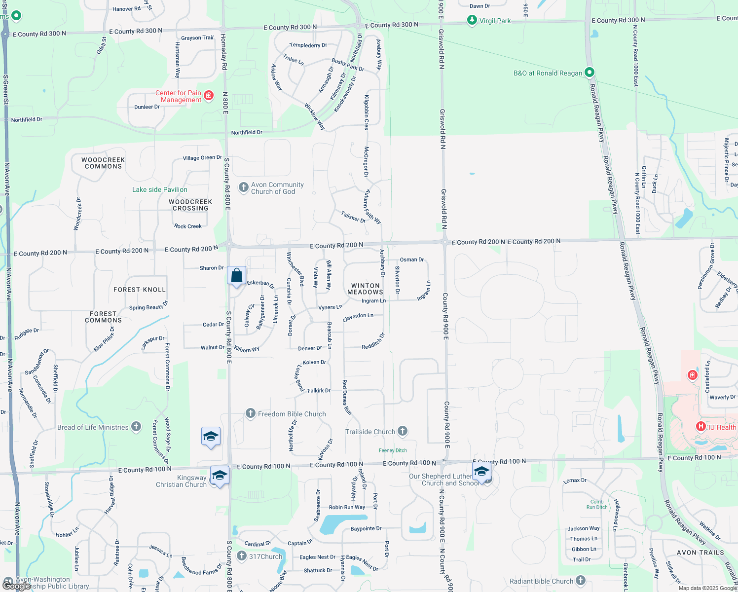 map of restaurants, bars, coffee shops, grocery stores, and more near 1755 Oconnor Court in Avon