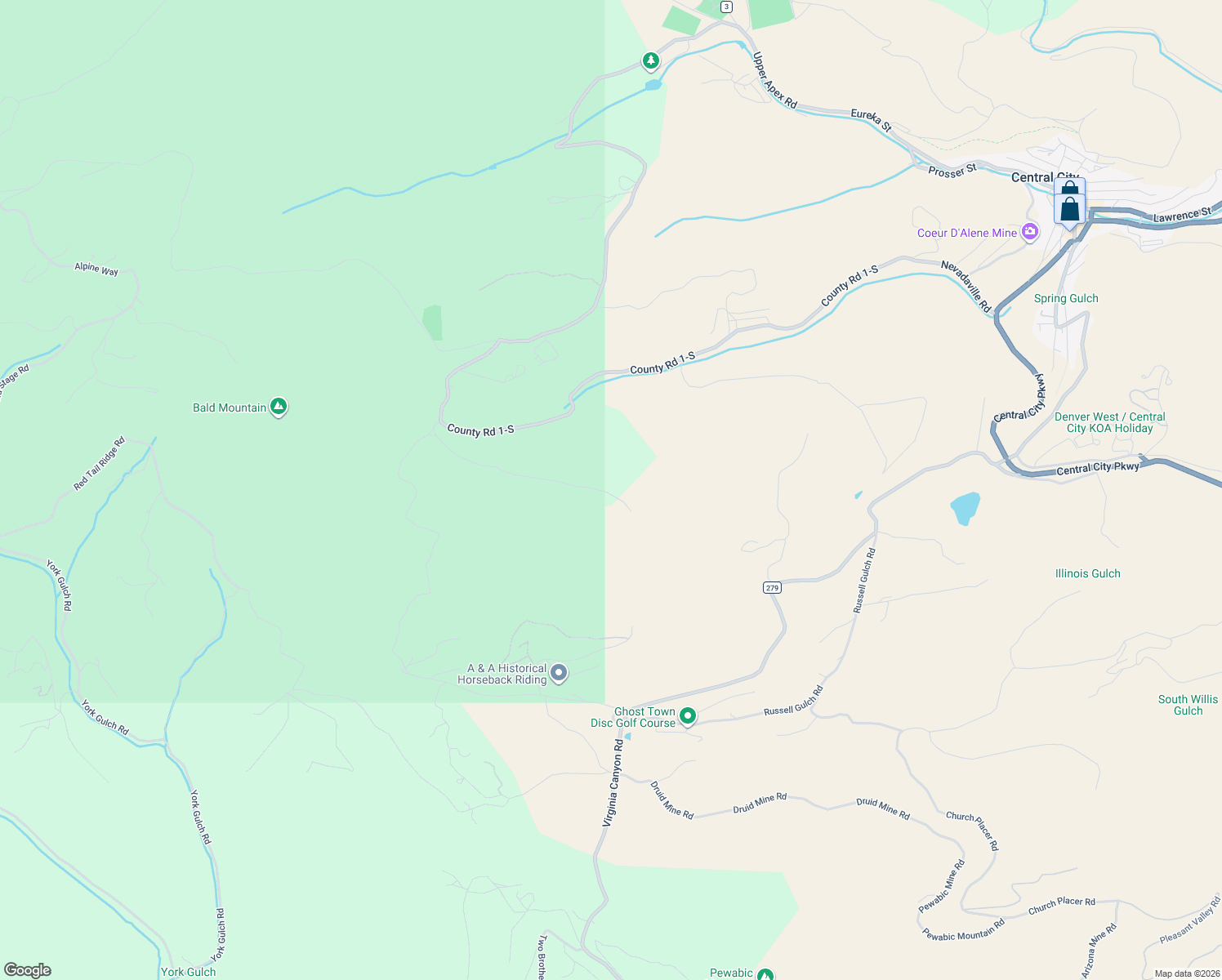map of restaurants, bars, coffee shops, grocery stores, and more near 631-1622 Russel Gulch Road in Gilpin