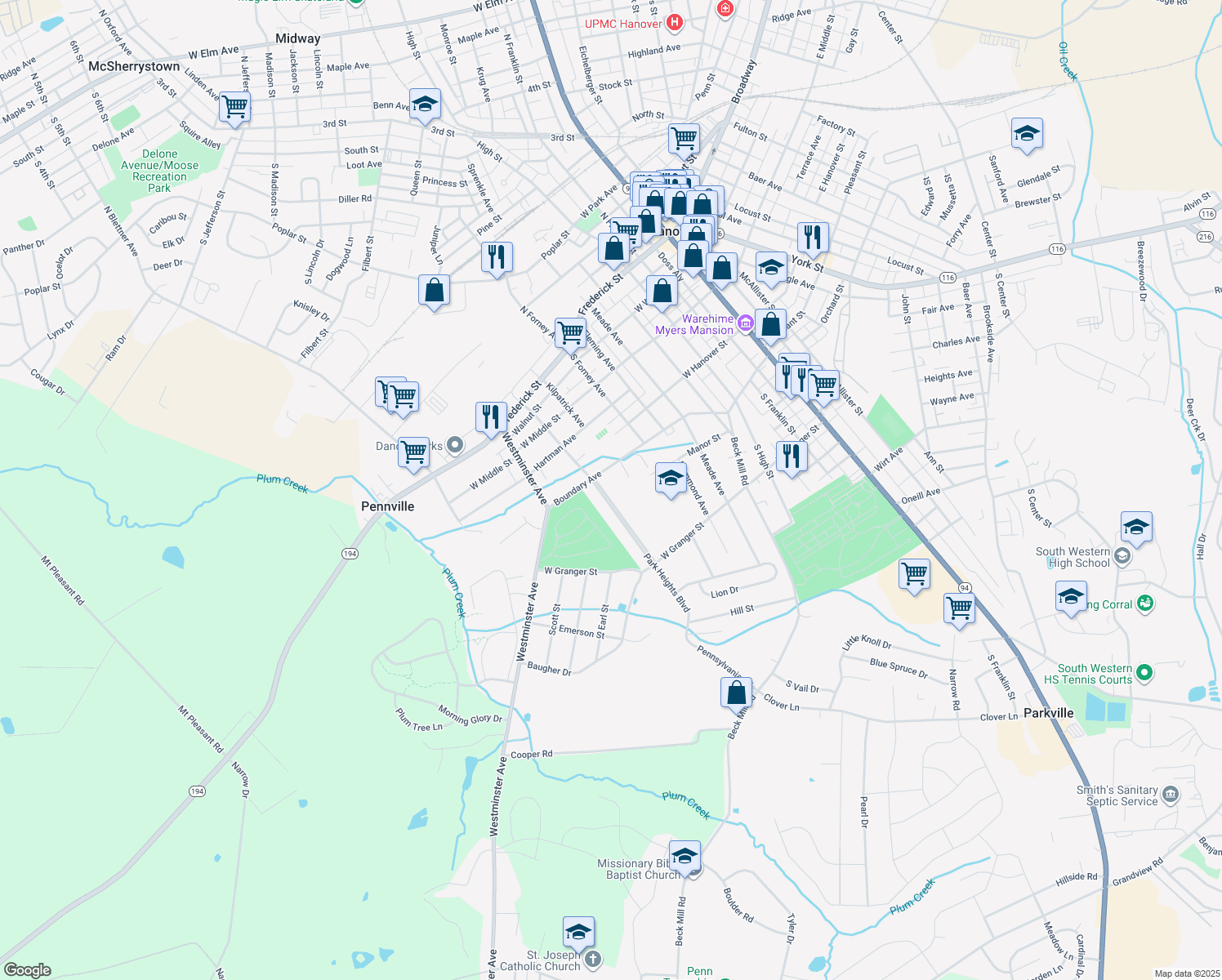 map of restaurants, bars, coffee shops, grocery stores, and more near 104 Park Heights Blvd in Hanover