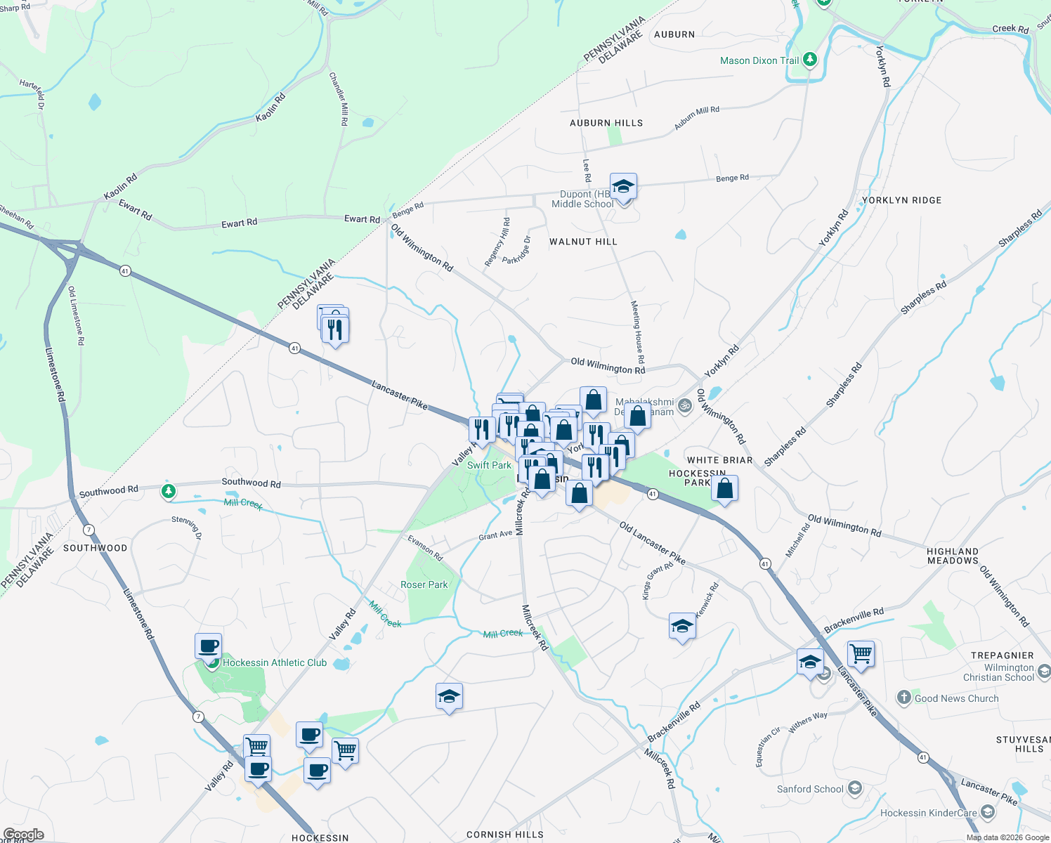 map of restaurants, bars, coffee shops, grocery stores, and more near 1131 Valley Road in Hockessin