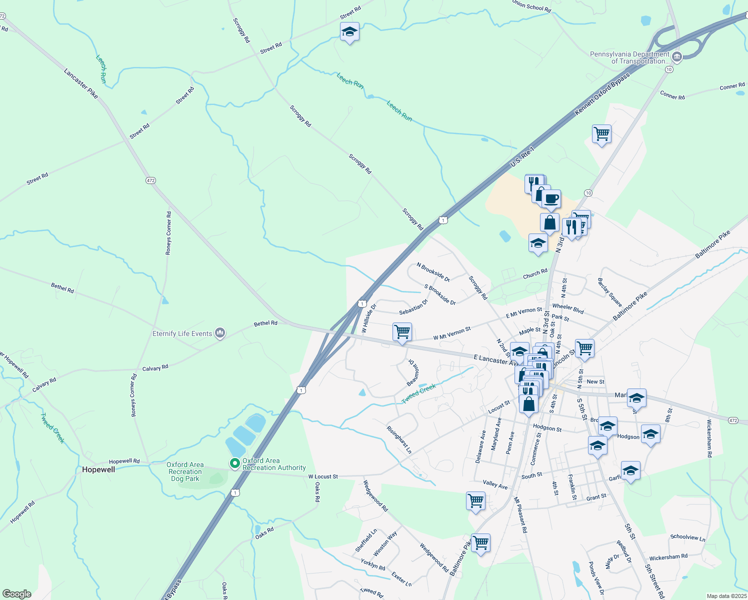 map of restaurants, bars, coffee shops, grocery stores, and more near 119 West Hillside Drive in Oxford