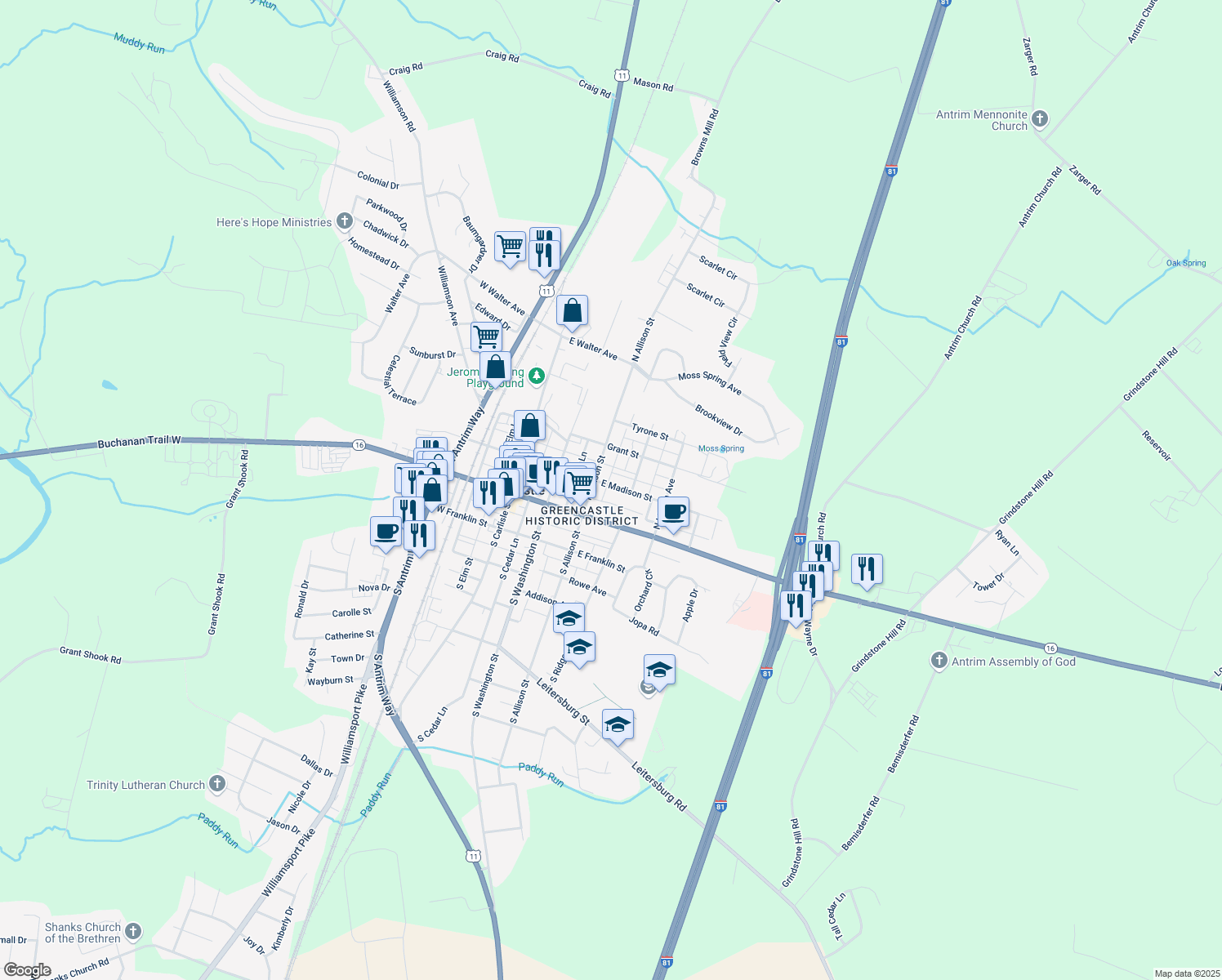 map of restaurants, bars, coffee shops, grocery stores, and more near 229 East Madison Street in Greencastle