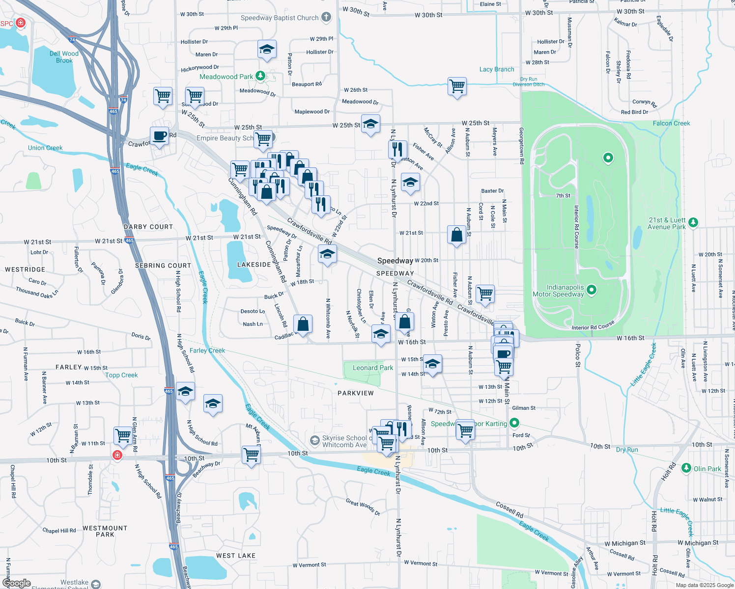 map of restaurants, bars, coffee shops, grocery stores, and more near 1758 Ellen Drive in Speedway