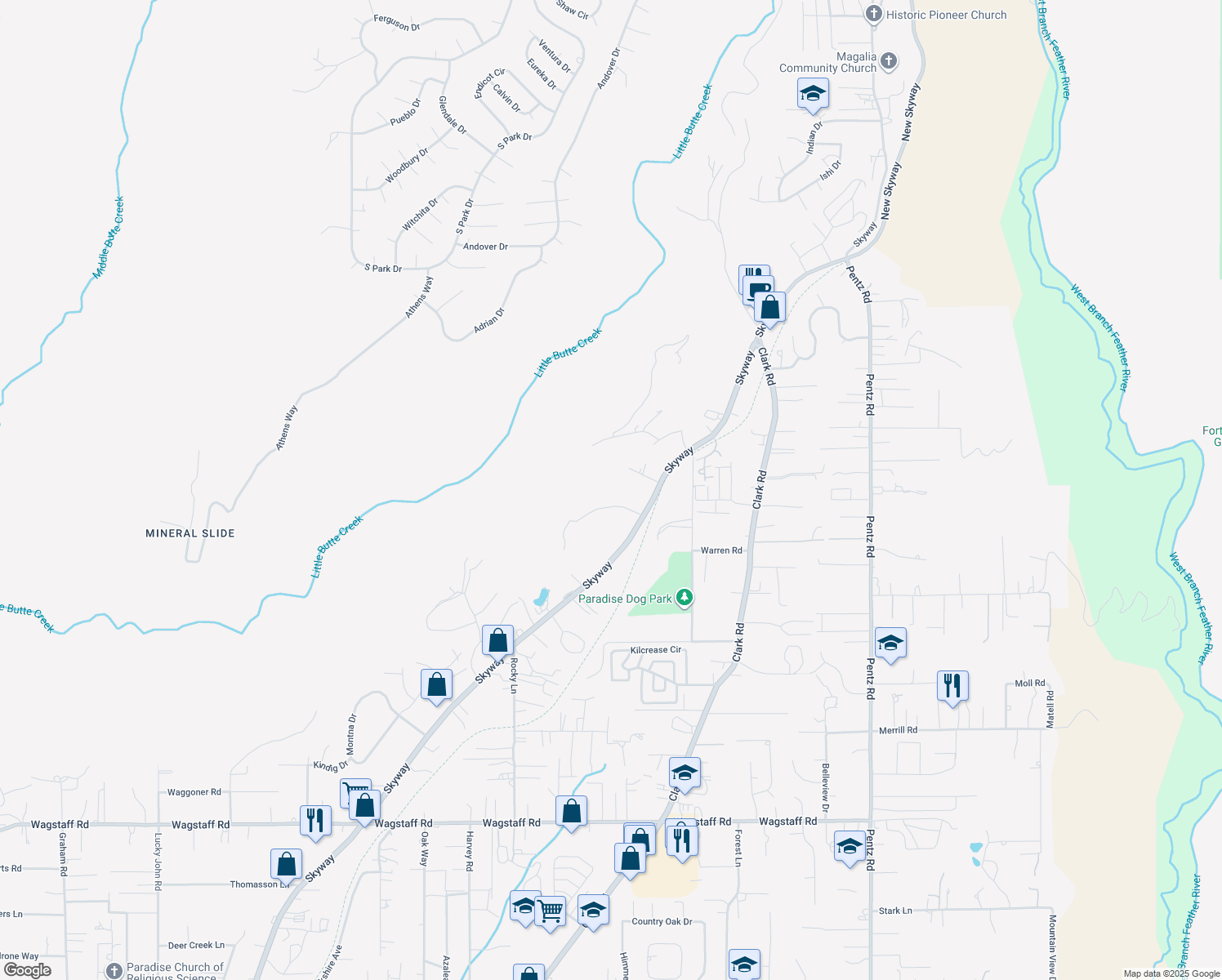 map of restaurants, bars, coffee shops, grocery stores, and more near 1421 Coldren Rd in Paradise