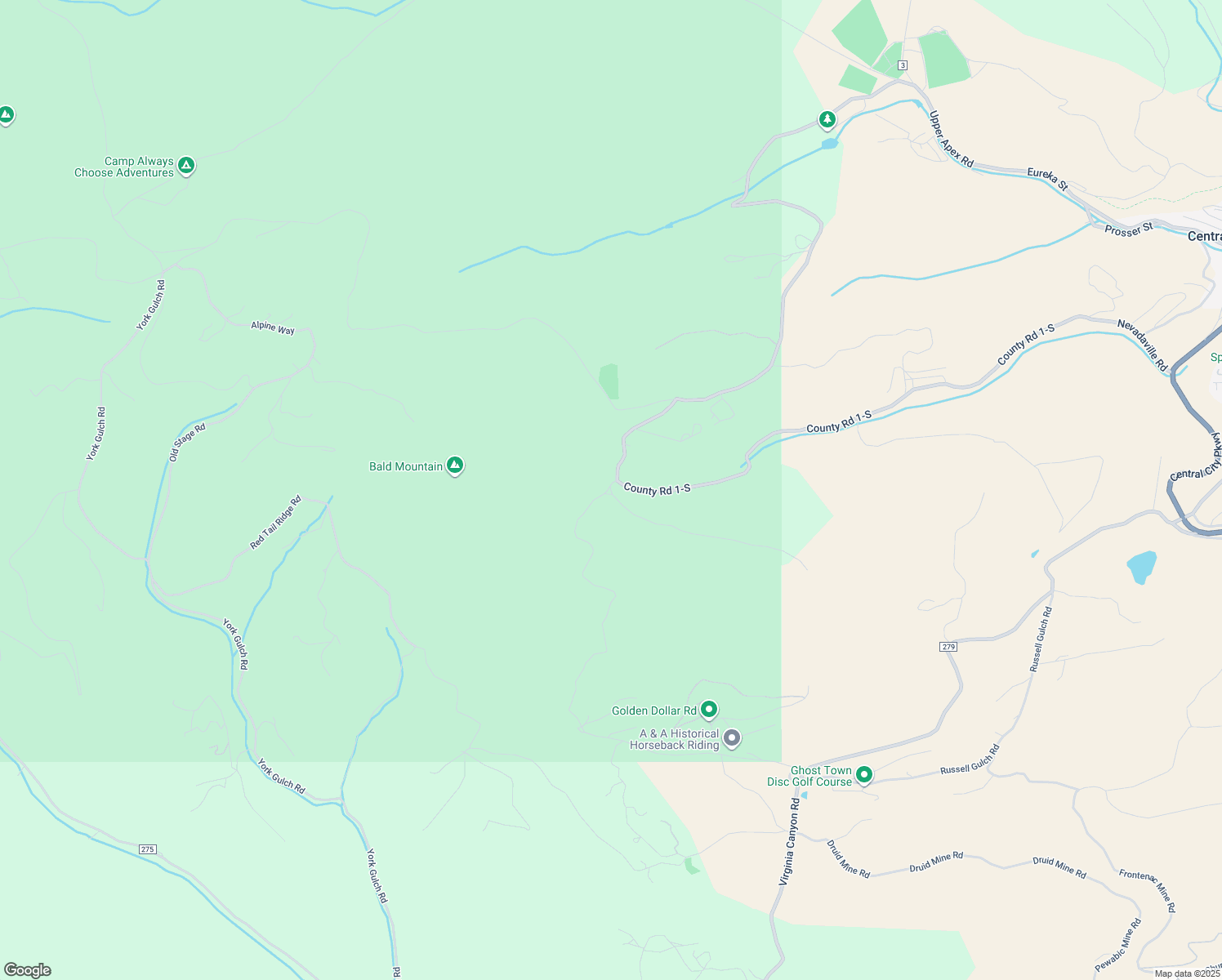 map of restaurants, bars, coffee shops, grocery stores, and more near Russel Gulch Road in Gilpin County