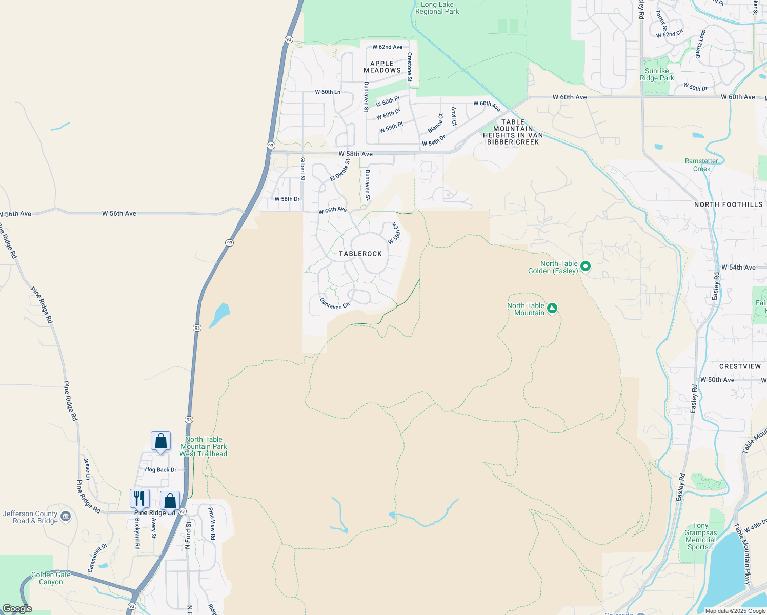 map of restaurants, bars, coffee shops, grocery stores, and more near 19034 West 53rd Drive in Golden