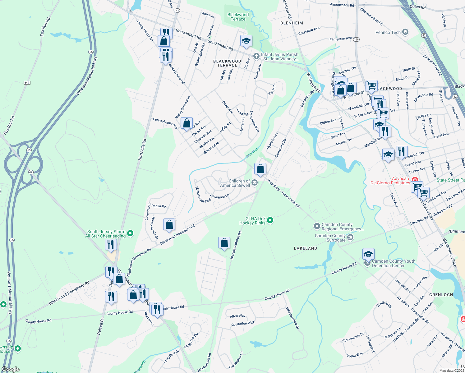 map of restaurants, bars, coffee shops, grocery stores, and more near 8 Lawrence Lane in Washington Township
