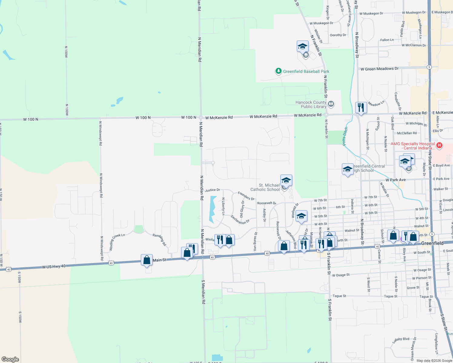 map of restaurants, bars, coffee shops, grocery stores, and more near 2031 Meridian Springs Ln in Greenfield