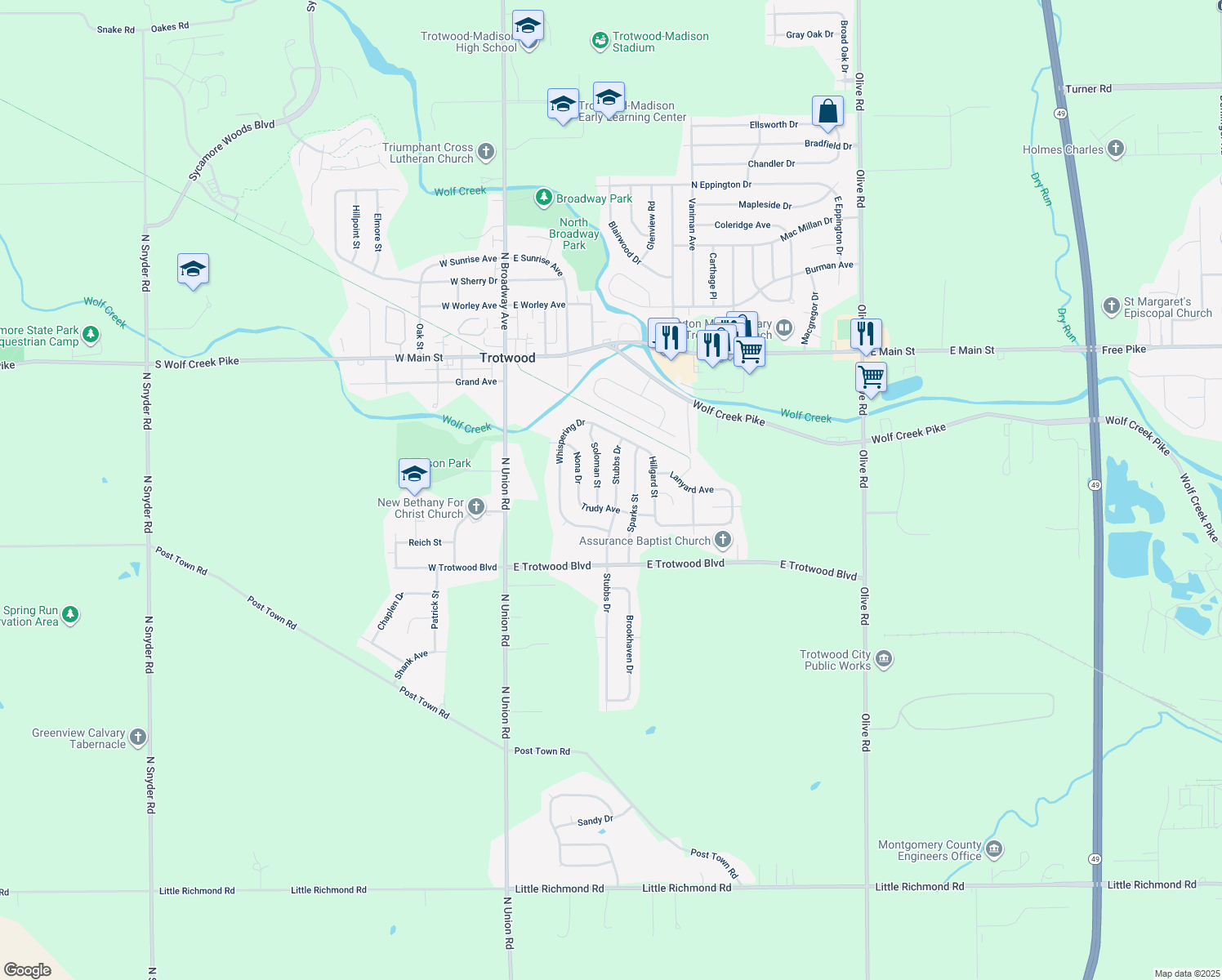 map of restaurants, bars, coffee shops, grocery stores, and more near 43 Stubbs Dr in Dayton