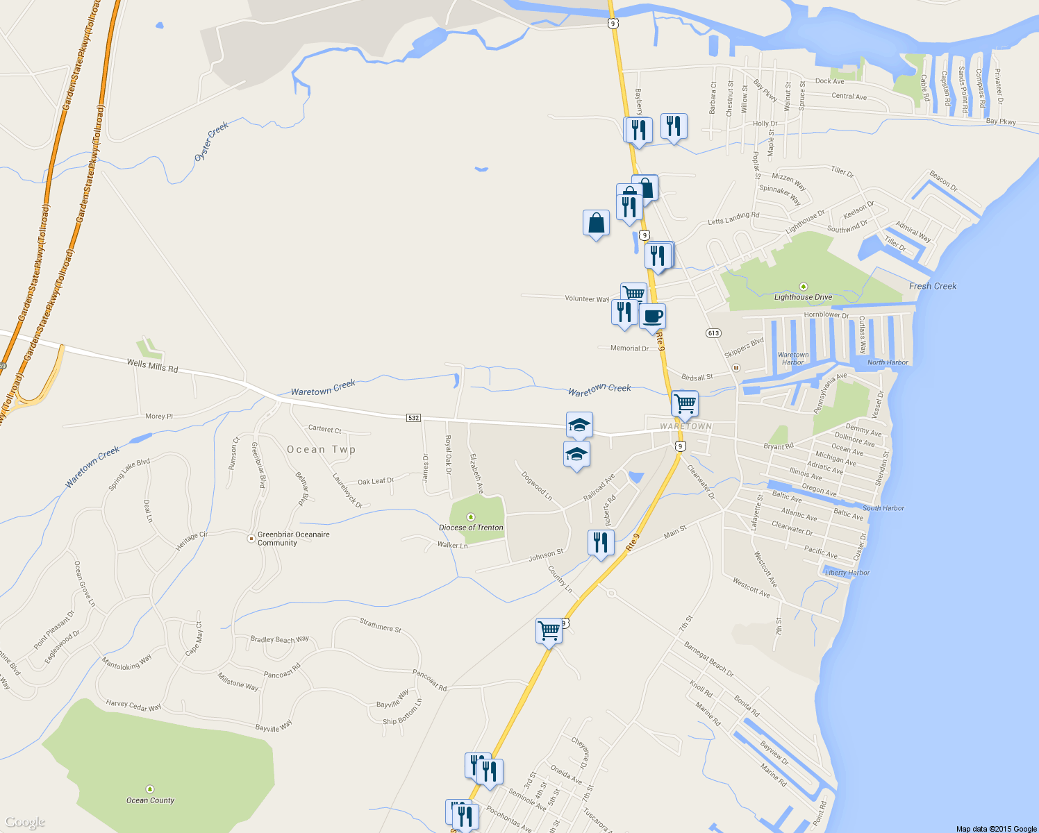 map of restaurants, bars, coffee shops, grocery stores, and more near 156 Wells Mills Rd in Ocean Township