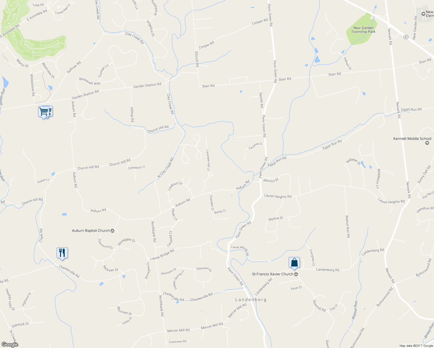 map of restaurants, bars, coffee shops, grocery stores, and more near 110 Lavender Hill Lane in Landenberg