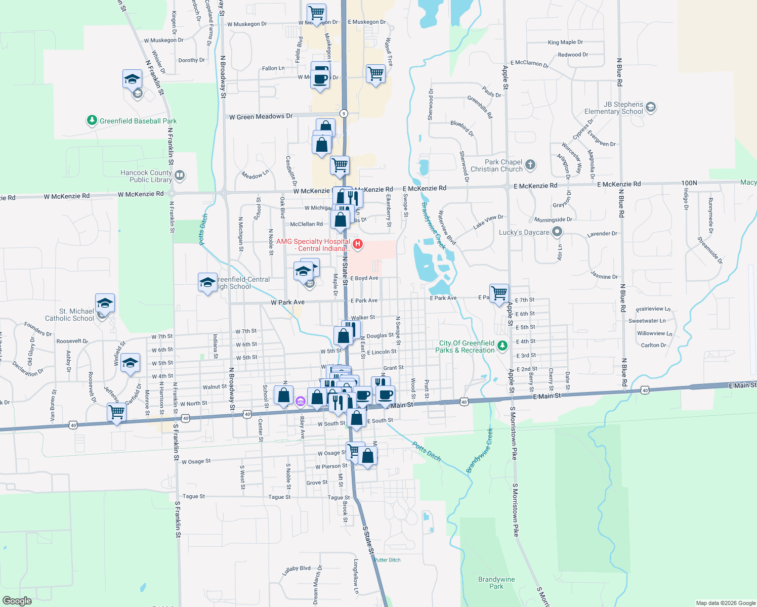 map of restaurants, bars, coffee shops, grocery stores, and more near 630 N Spring St in Greenfield