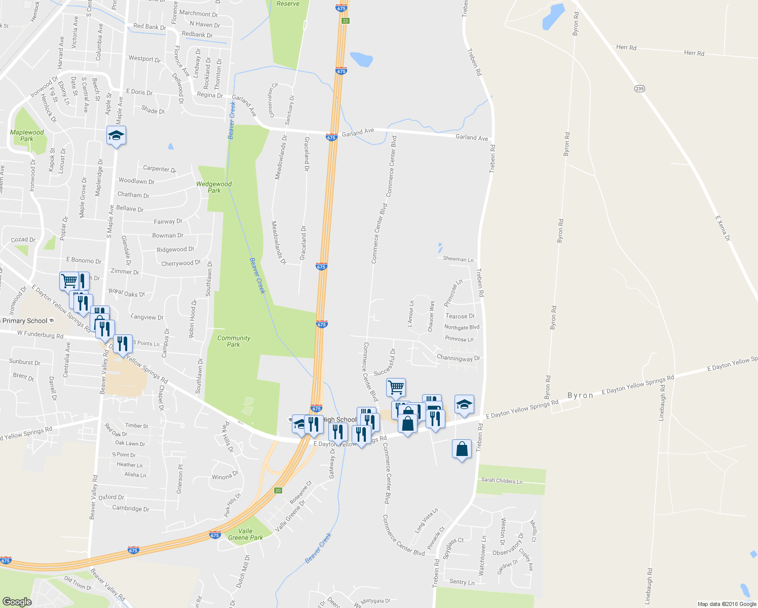 map of restaurants, bars, coffee shops, grocery stores, and more near 1750 Commerce Center Boulevard in Fairborn