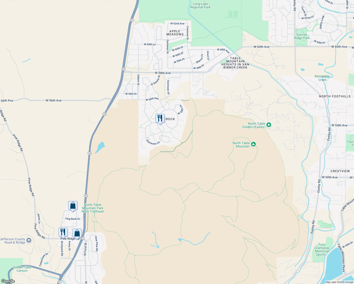map of restaurants, bars, coffee shops, grocery stores, and more near 19034 West 53rd Drive in Golden