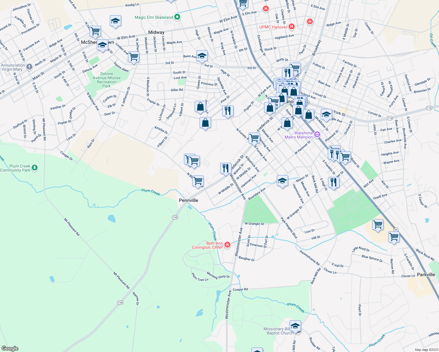 map of restaurants, bars, coffee shops, grocery stores, and more near 619 Frederick Street in Hanover