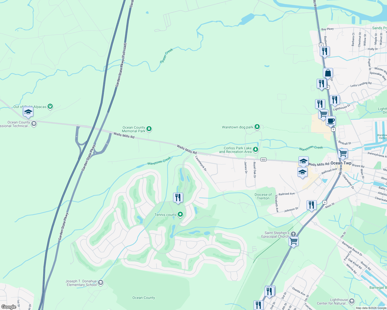 map of restaurants, bars, coffee shops, grocery stores, and more near 24 Laurelwyck Dr in Ocean Township