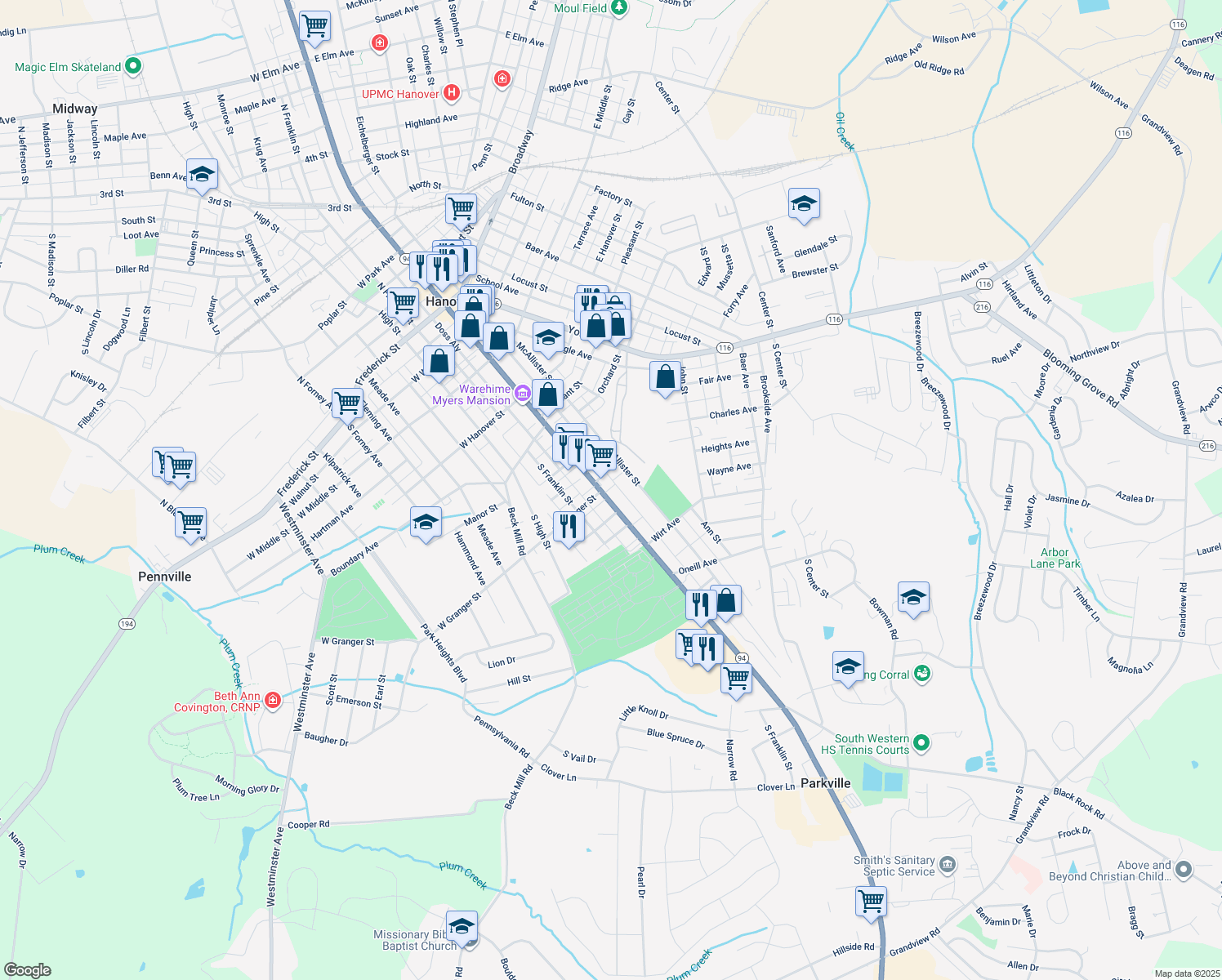 map of restaurants, bars, coffee shops, grocery stores, and more near 548 Baltimore Street in Hanover