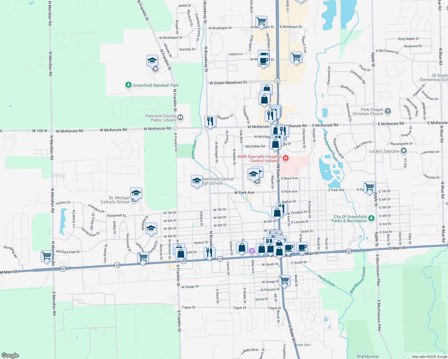 map of restaurants, bars, coffee shops, grocery stores, and more near 607 West Boyd Avenue in Greenfield