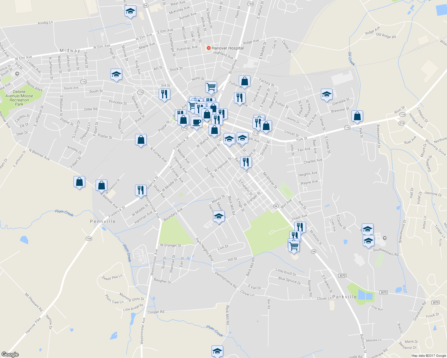 map of restaurants, bars, coffee shops, grocery stores, and more near 341 Centennial Avenue in Hanover