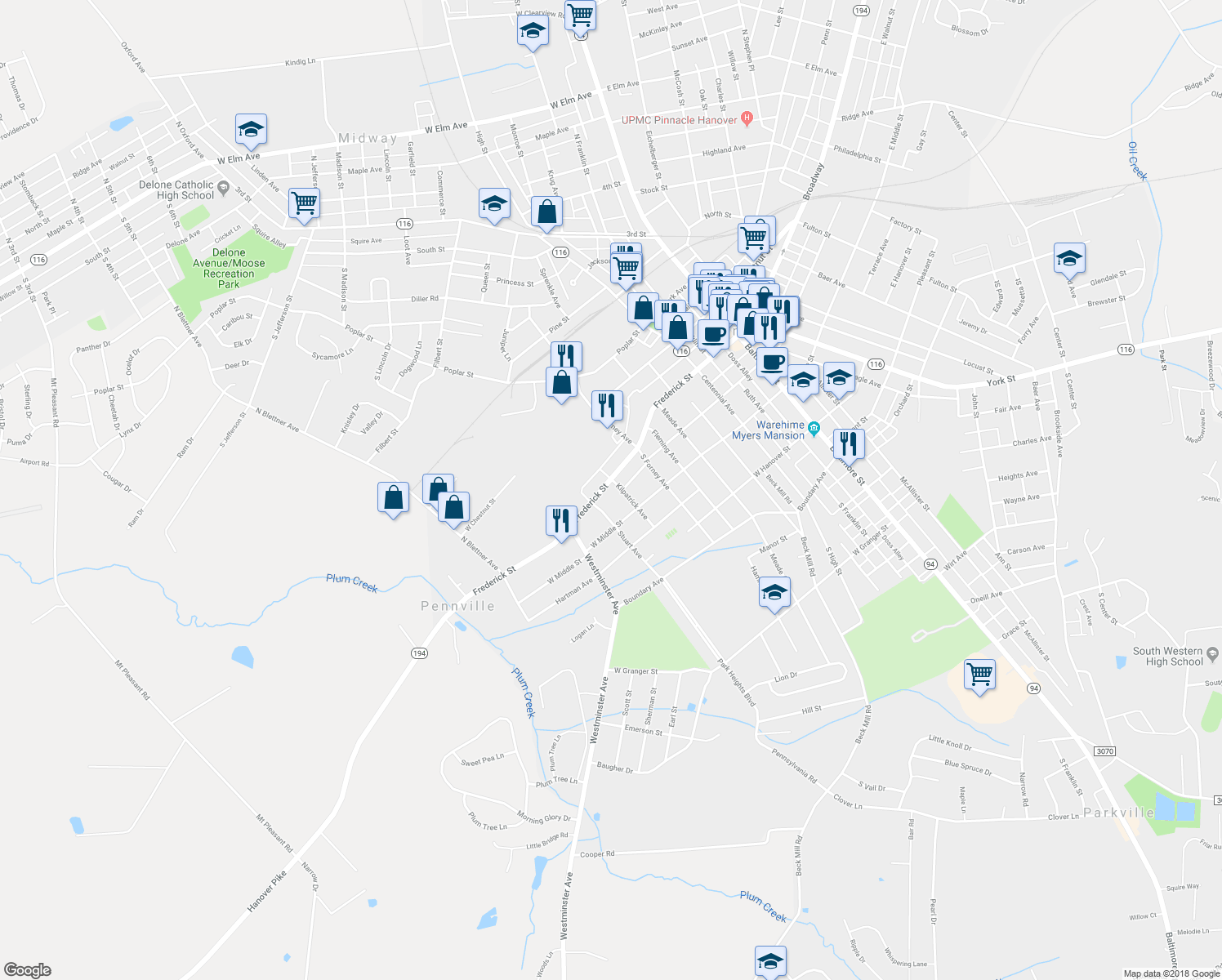 map of restaurants, bars, coffee shops, grocery stores, and more near 402 Frederick Street in Hanover