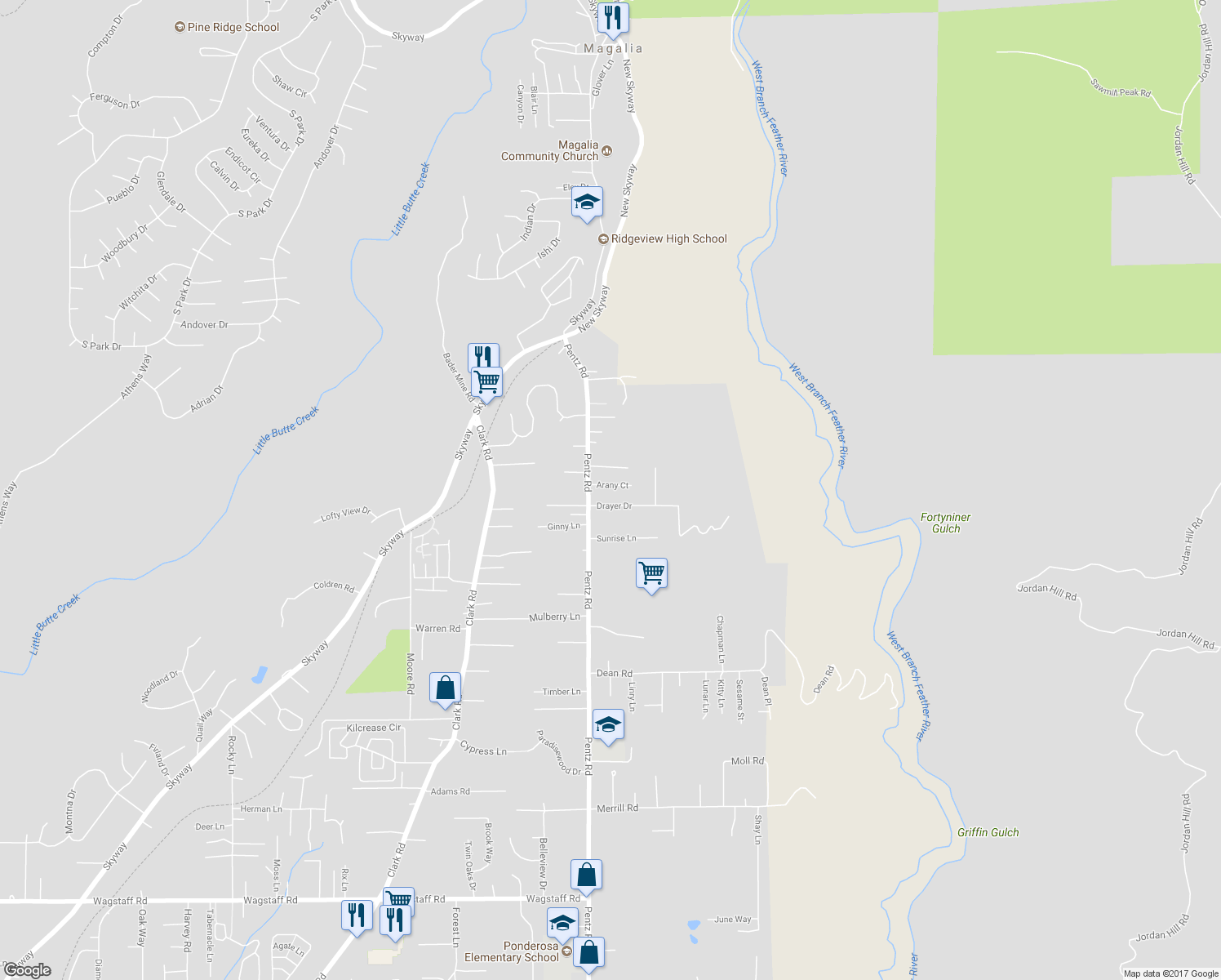 map of restaurants, bars, coffee shops, grocery stores, and more near 1726 Arany Court in Paradise