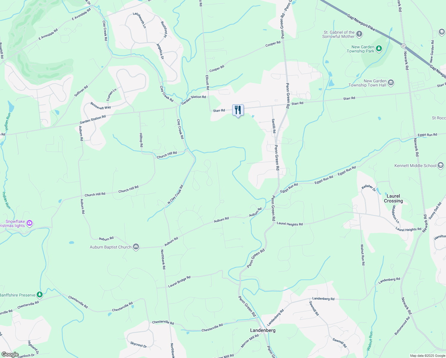 map of restaurants, bars, coffee shops, grocery stores, and more near 122 Lavender Hill Lane in Landenberg