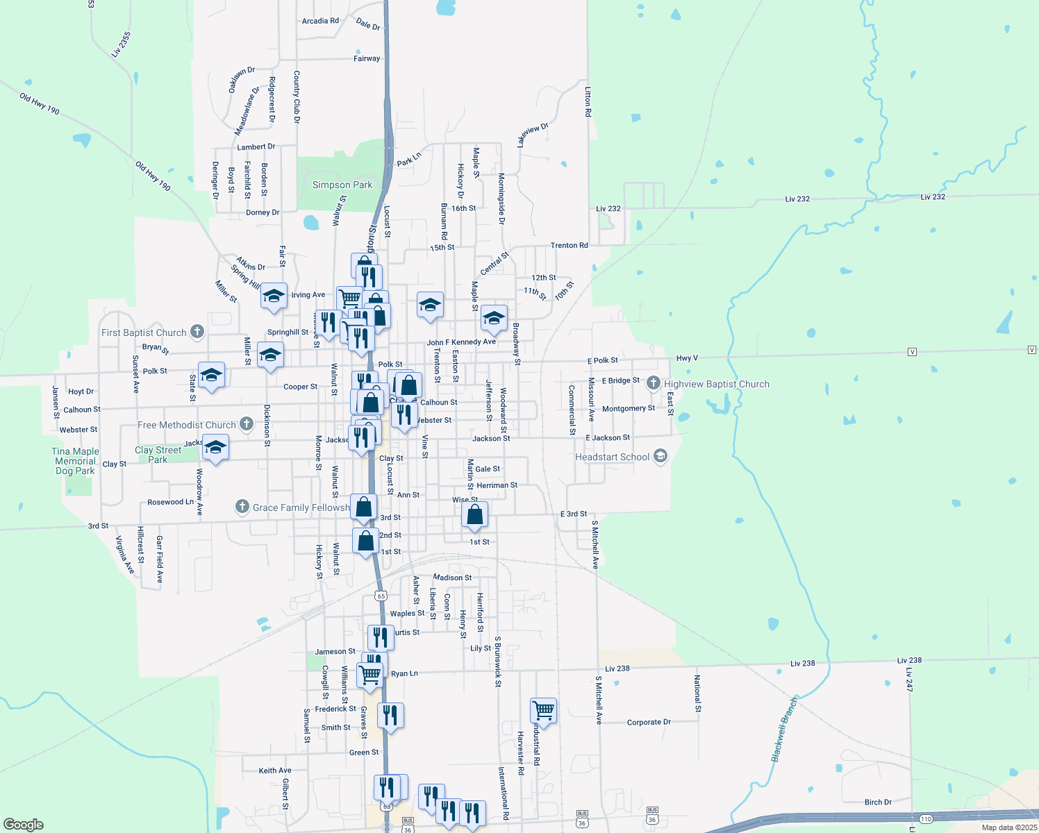 map of restaurants, bars, coffee shops, grocery stores, and more near 717 Broadway Street in Chillicothe