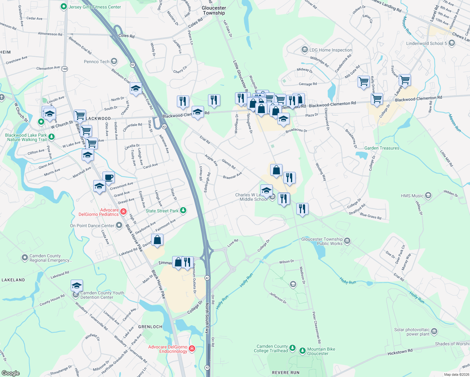 map of restaurants, bars, coffee shops, grocery stores, and more near 79 Edinburgh Road in Camden County